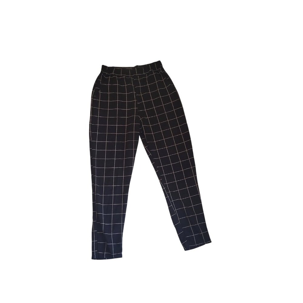 Boohoo Womens Black & White Checkered High-Waisted Trousers Size 8